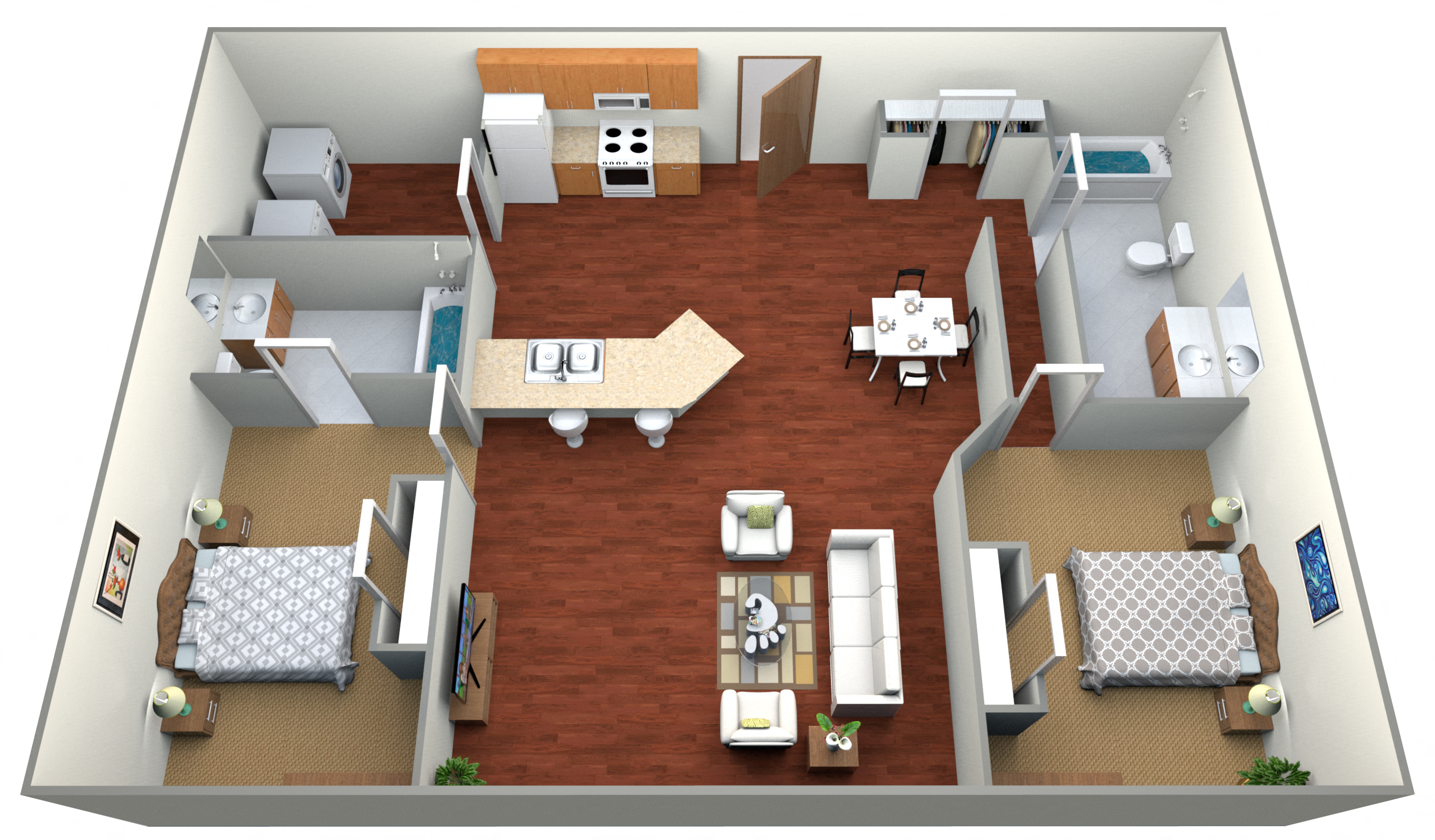 Floor plan for 2 beds, 2 baths, 1000 sqft